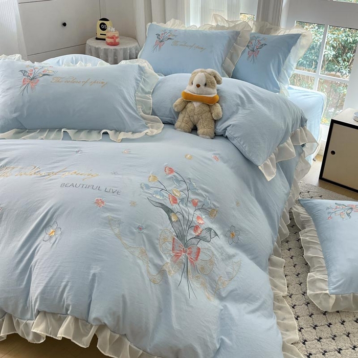 91家纺网 家纺一手货源 找家纺 ab家纺 2025新款水洗棉绣花四件套-铃兰语 铃兰语  天空蓝