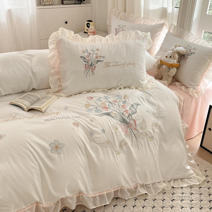 91家纺网 家纺一手货源 找家纺 （总）ab家纺 2025新款水洗棉绣花四件套-铃兰语