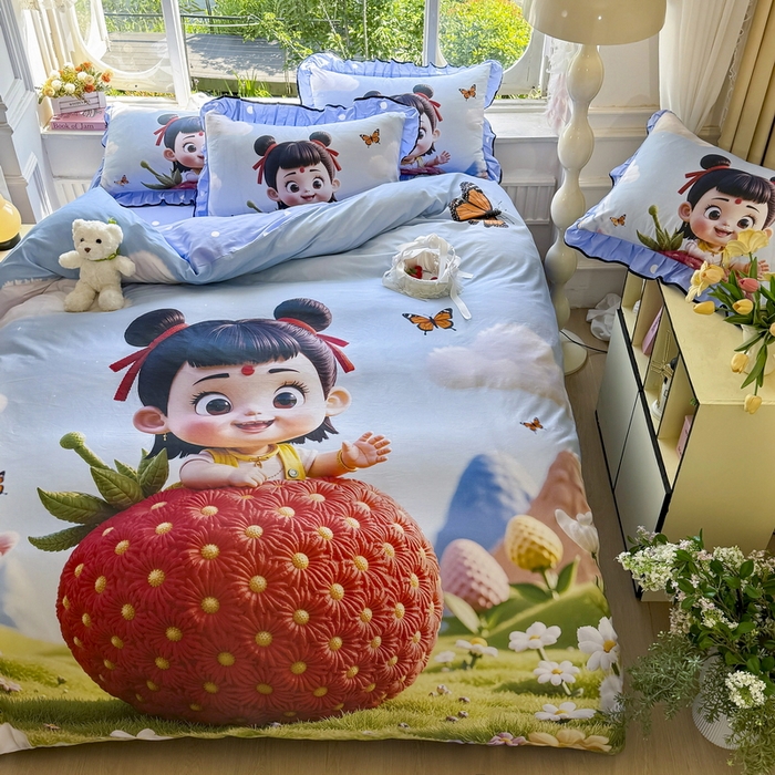 91家纺网 家纺一手货源 找家纺 馨语家居 2025新款A类全棉3D大版印花四件套 草莓哪吒