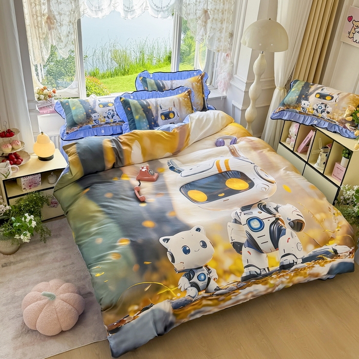 91家纺网 家纺一手货源 找家纺 馨语家居 2025新款A类全棉3D大版印花四件套 未来萌宠