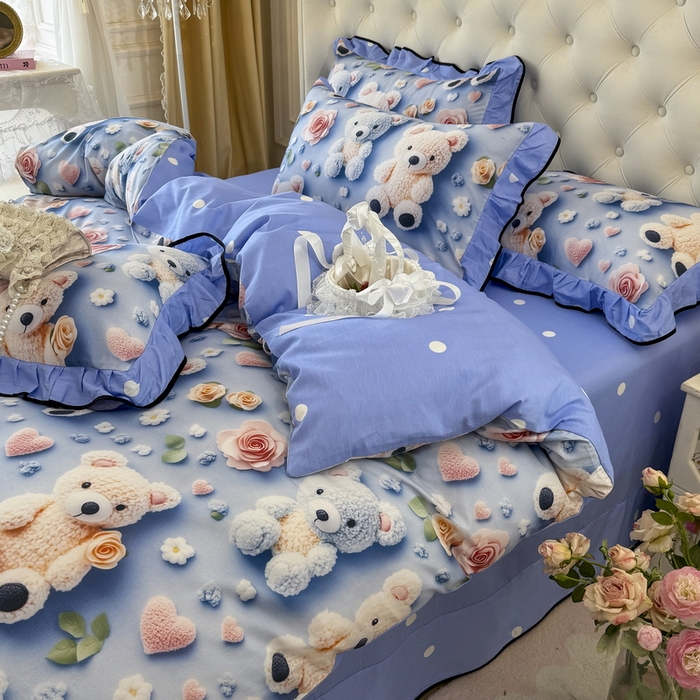 91家纺网 家纺一手货源 找家纺 馨语家居 2025新款A类全棉3D大版印花四件套 针织小熊