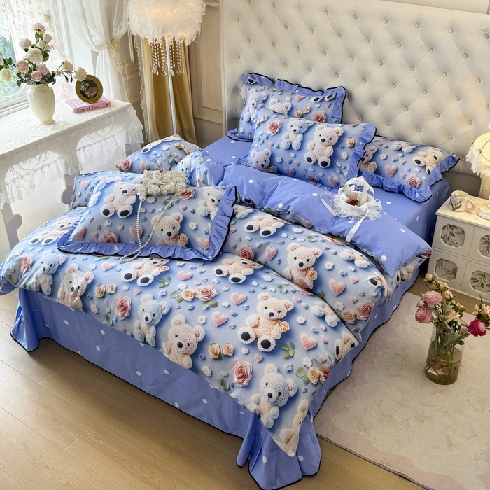 91家纺网 家纺一手货源 找家纺 馨语家居 2025新款A类全棉3D大版印花四件套 针织小熊