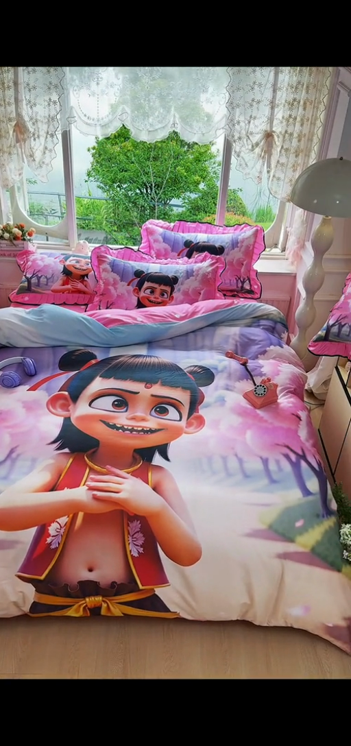 91家纺网 家纺一手货源 找家纺 馨语家居 2025新款A类全棉3D大版印花四件套 魔童哪吒