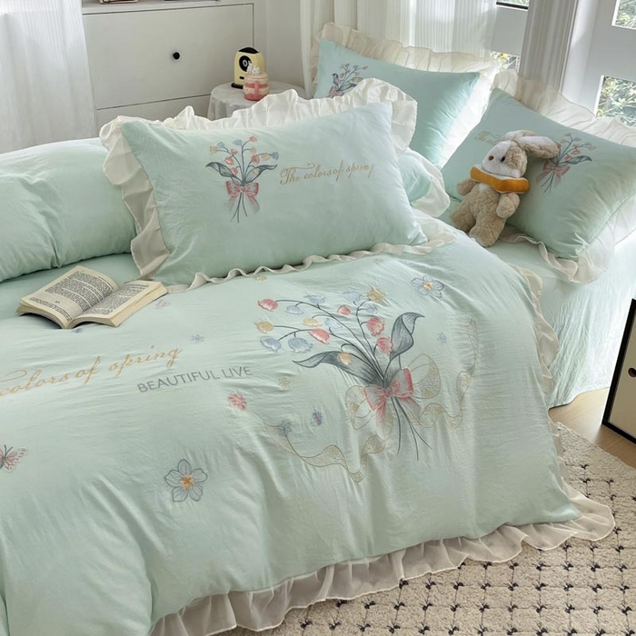 91家纺网 家纺一手货源 找家纺 ab家纺 2025新款水洗棉绣花四件套-铃兰语 铃兰语 水绿