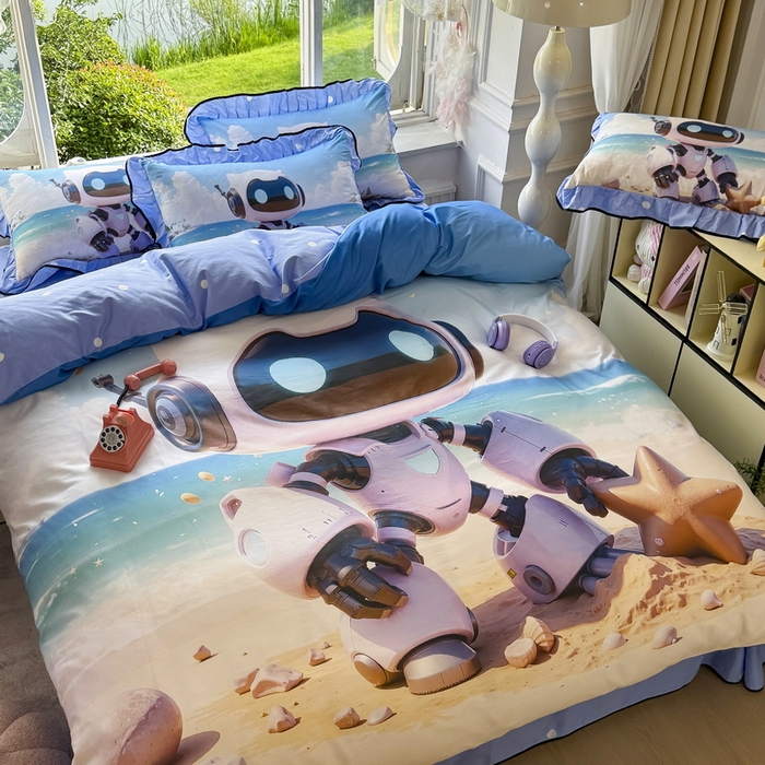 91家纺网 家纺一手货源 找家纺 馨语家居 2025新款A类全棉3D大版印花四件套 海洋机器人