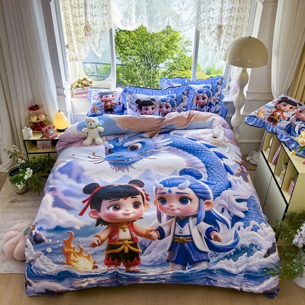 91家纺网 家纺一手货源 找家纺 馨语家居 2025新款A类全棉3D大版印花四件套 神龙哪吒