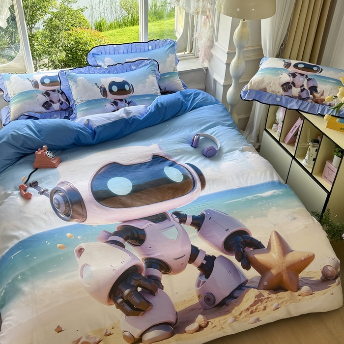 91家纺网 家纺一手货源 找家纺 馨语家居 2025新款A类全棉3D大版印花四件套 海洋机器人