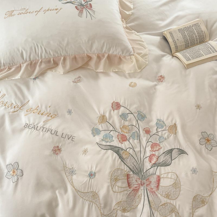 91家纺网 家纺一手货源 找家纺 ab家纺 2025新款水洗棉绣花四件套-铃兰语 铃兰语  白粉