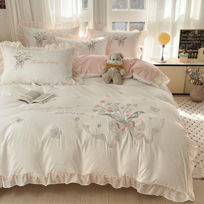 91家纺网 家纺一手货源 找家纺 （总）ab家纺 2025新款水洗棉绣花四件套-铃兰语