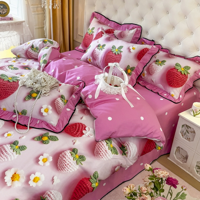 91家纺网 家纺一手货源 找家纺 馨语家居 2025新款A类全棉3D大版印花四件套 幸运草莓