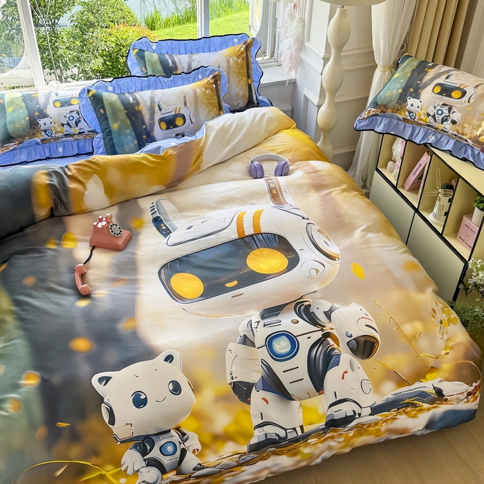 91家纺网 家纺一手货源 找家纺 馨语家居 2025新款A类全棉3D大版印花四件套 未来萌宠