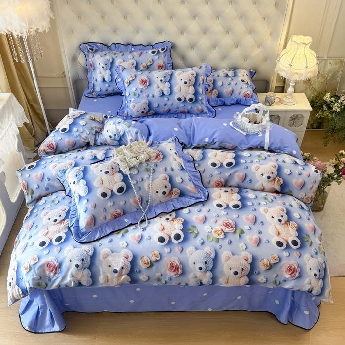 91家纺网 家纺一手货源 找家纺 馨语家居 2025新款A类全棉3D大版印花四件套 针织小熊