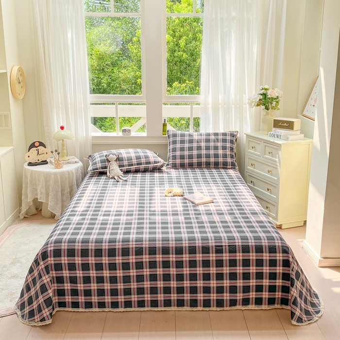 91家纺网 家纺一手货源 找家纺 （总）欧尚 2025新款云感双层纱针织棉印花母婴级超柔裸睡级床单三件套