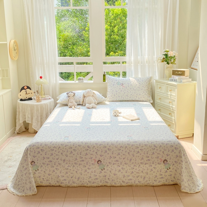 91家纺网 家纺一手货源 找家纺 （总）欧尚 2025新款云感双层纱针织棉印花母婴级超柔裸睡级床单三件套