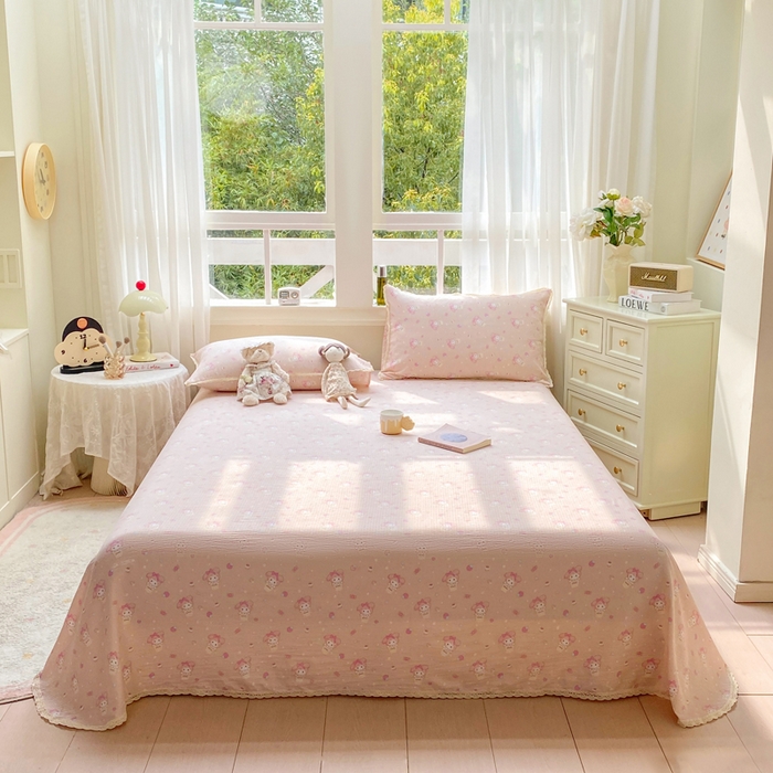 91家纺网 家纺一手货源 找家纺 （总）欧尚 2025新款云感双层纱针织棉印花母婴级超柔裸睡级床单三件套