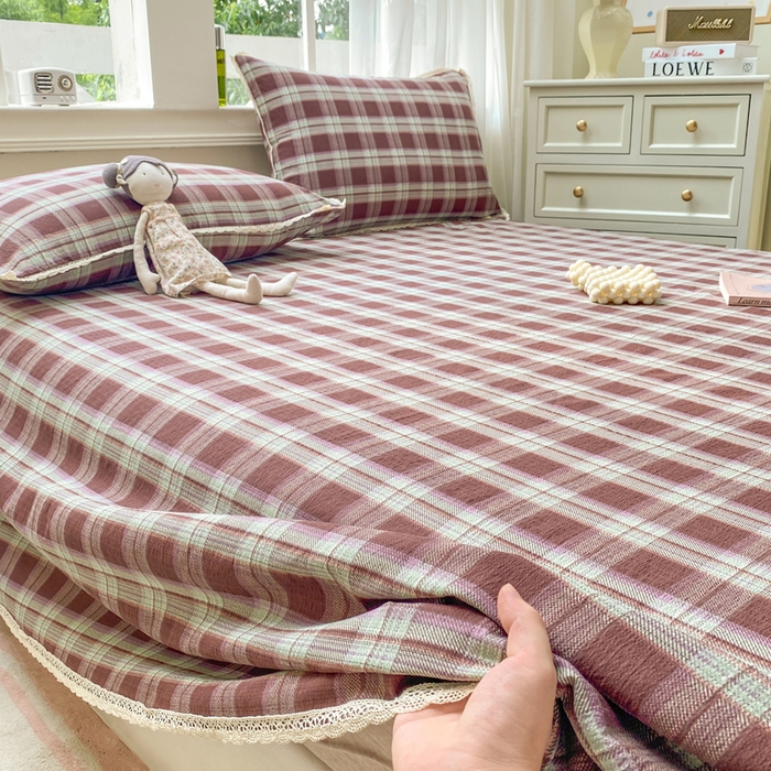 91家纺网 家纺一手货源 找家纺 欧尚 2025新款云感双层纱针织棉印花母婴级超柔裸睡级床单三件套 薄巧