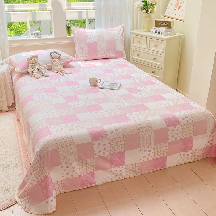 91家纺网 家纺一手货源 找家纺 欧尚 2025新款云感双层纱针织棉印花母婴级超柔裸睡级床单三件套 春日粉