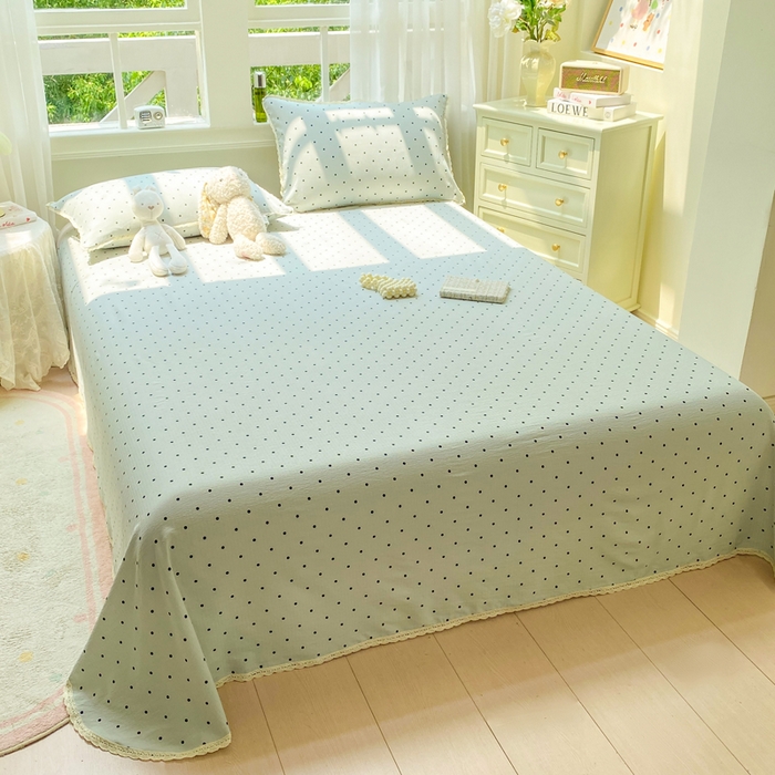 91家纺网 家纺一手货源 找家纺 欧尚 2025新款云感双层纱针织棉印花母婴级超柔裸睡级床单三件套 蓝波点