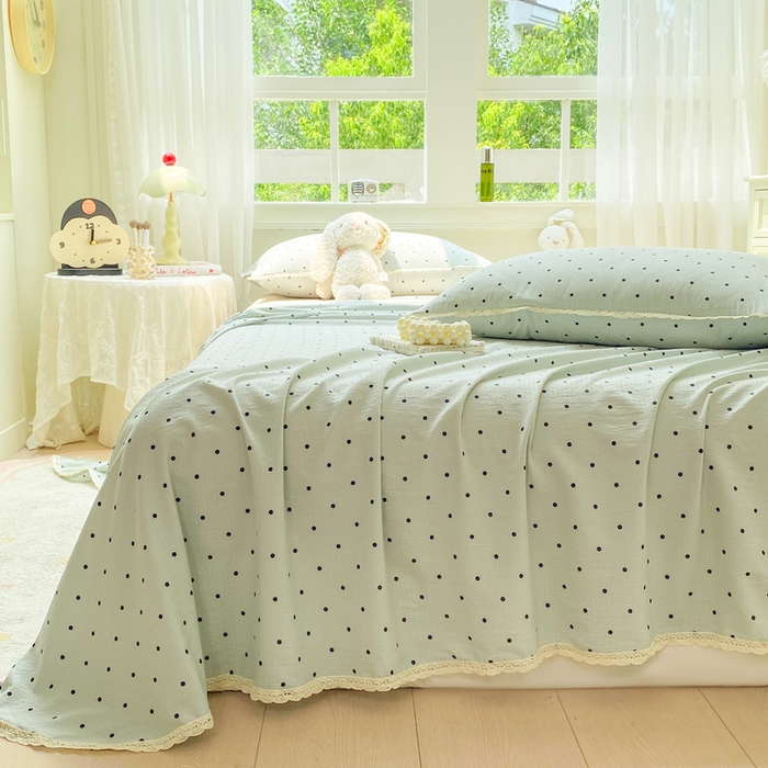 91家纺网 家纺一手货源 找家纺 欧尚 2025新款云感双层纱针织棉印花母婴级超柔裸睡级床单三件套 蓝波点