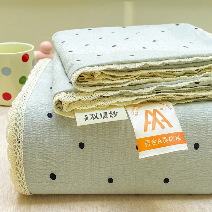 91家纺网 家纺一手货源 找家纺 欧尚 2025新款云感双层纱针织棉印花母婴级超柔裸睡级床单三件套 蓝波点
