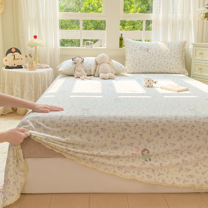 91家纺网 家纺一手货源 找家纺 欧尚 2025新款云感双层纱针织棉印花母婴级超柔裸睡级床单三件套 梦境之间