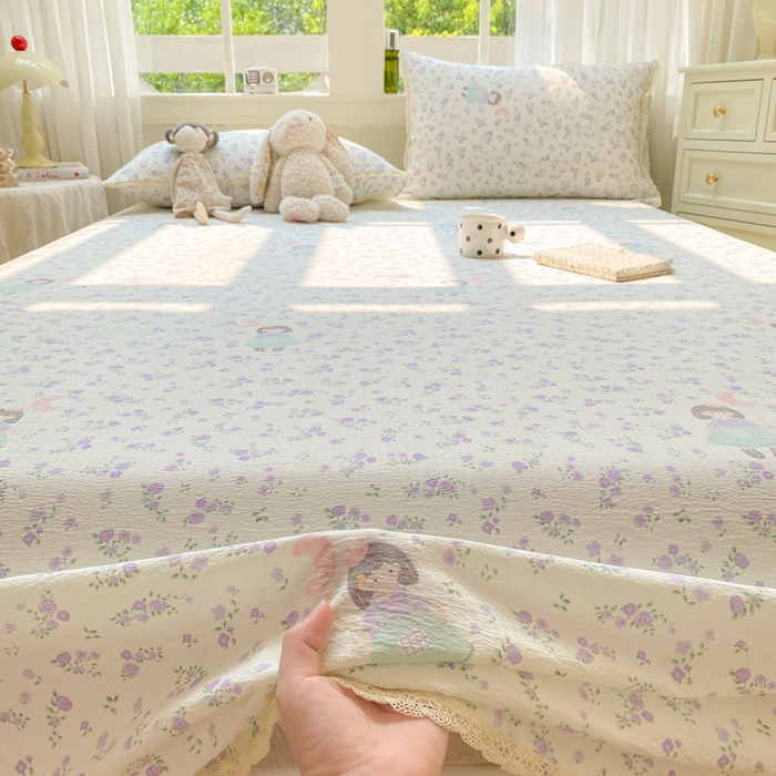 91家纺网 家纺一手货源 找家纺 欧尚 2025新款云感双层纱针织棉印花母婴级超柔裸睡级床单三件套 梦境之间