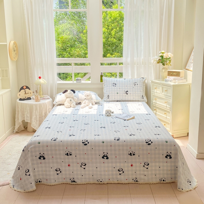 欧尚 2025新款云感双层纱针织棉印花母婴级超柔裸睡级床单三件套 软软熊猫