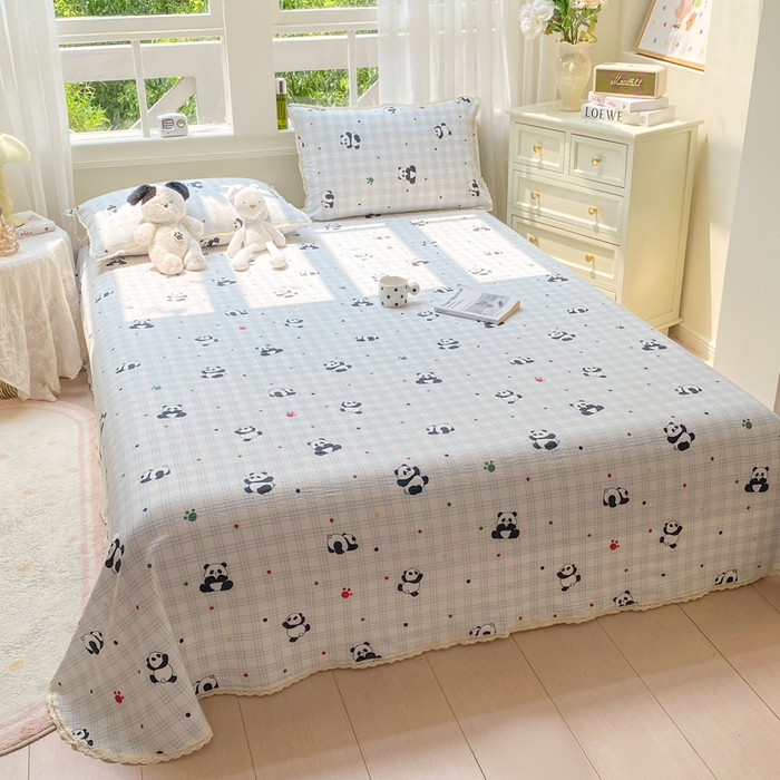 91家纺网 家纺一手货源 找家纺 欧尚 2025新款云感双层纱针织棉印花母婴级超柔裸睡级床单三件套 软软熊猫