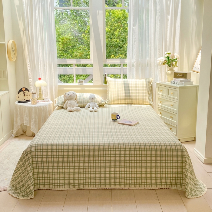 欧尚 2025新款云感双层纱针织棉印花母婴级超柔裸睡级床单三件套 松野