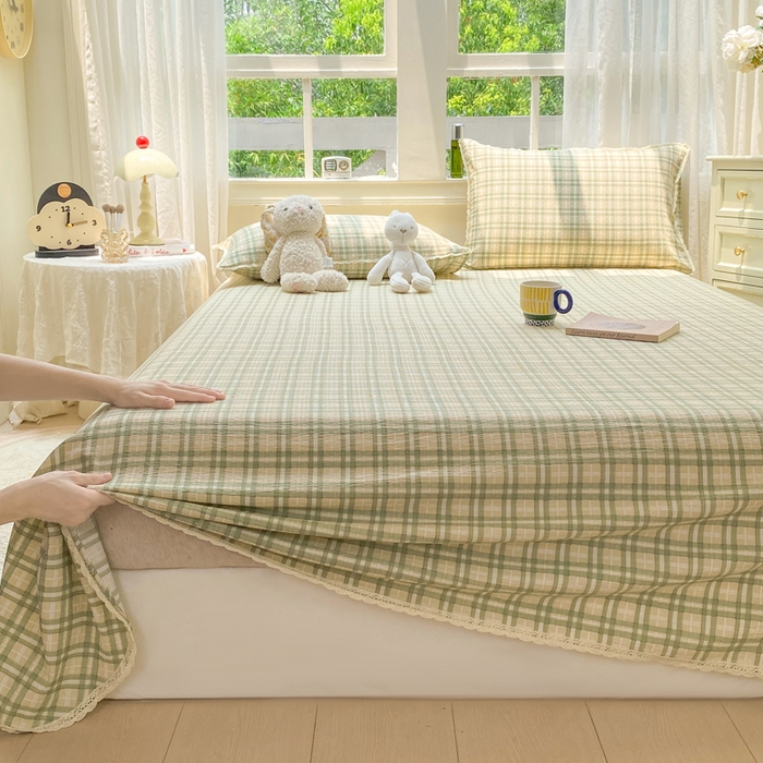 91家纺网 家纺一手货源 找家纺 欧尚 2025新款云感双层纱针织棉印花母婴级超柔裸睡级床单三件套 松野