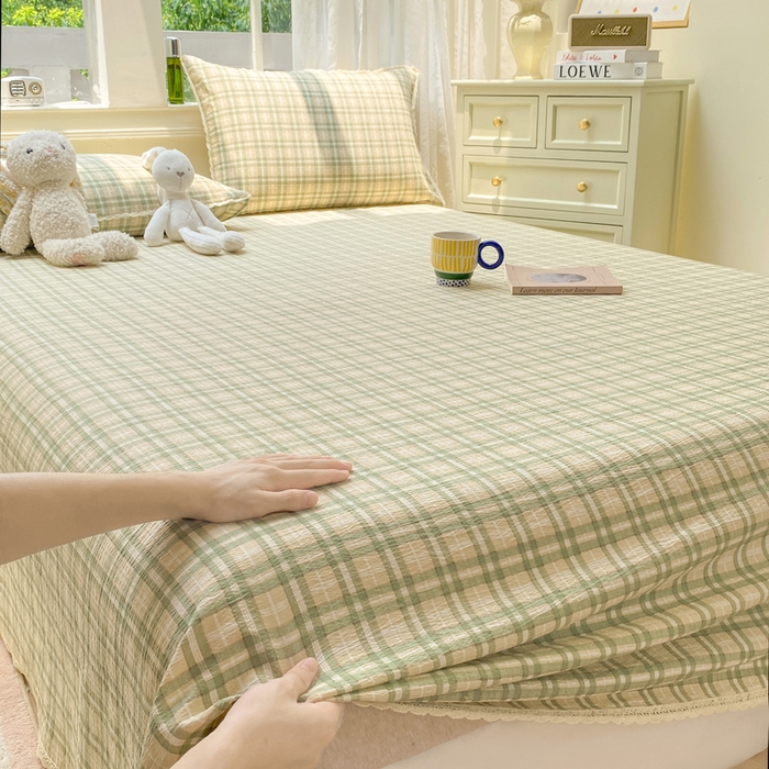 91家纺网 家纺一手货源 找家纺 欧尚 2025新款云感双层纱针织棉印花母婴级超柔裸睡级床单三件套 松野