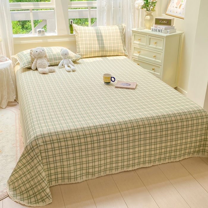 91家纺网 家纺一手货源 找家纺 欧尚 2025新款云感双层纱针织棉印花母婴级超柔裸睡级床单三件套 松野