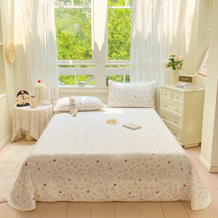 欧尚 2025新款云感双层纱针织棉印花母婴级超柔裸睡级床单三件套 甜品猫