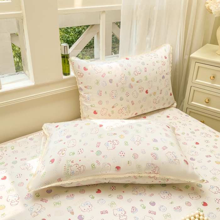 91家纺网 家纺一手货源 找家纺 欧尚 2025新款云感双层纱针织棉印花母婴级超柔裸睡级床单三件套 甜品猫