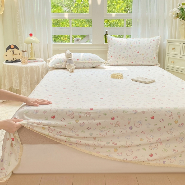 91家纺网 家纺一手货源 找家纺 欧尚 2025新款云感双层纱针织棉印花母婴级超柔裸睡级床单三件套 甜品猫