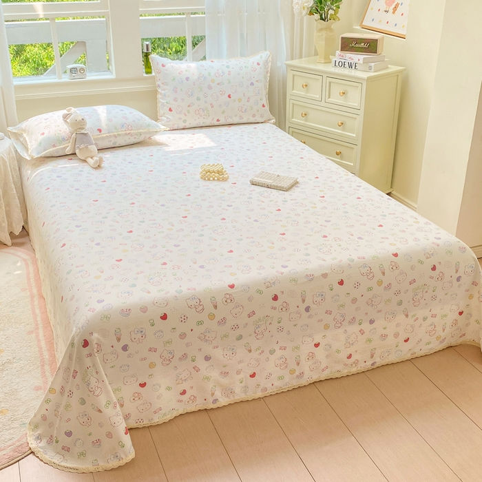 91家纺网 家纺一手货源 找家纺 欧尚 2025新款云感双层纱针织棉印花母婴级超柔裸睡级床单三件套 甜品猫