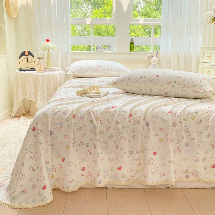 91家纺网 家纺一手货源 找家纺 欧尚 2025新款云感双层纱针织棉印花母婴级超柔裸睡级床单三件套 甜品猫