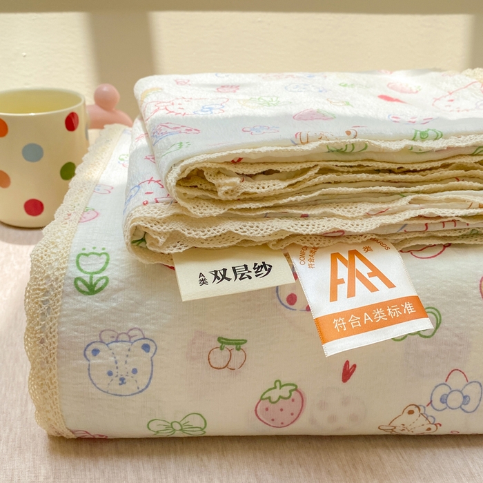 91家纺网 家纺一手货源 找家纺 欧尚 2025新款云感双层纱针织棉印花母婴级超柔裸睡级床单三件套 甜品猫