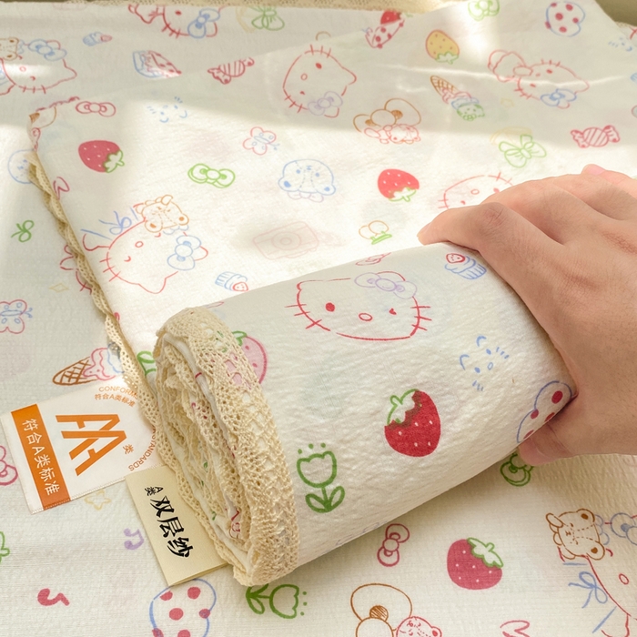 91家纺网 家纺一手货源 找家纺 欧尚 2025新款云感双层纱针织棉印花母婴级超柔裸睡级床单三件套 甜品猫