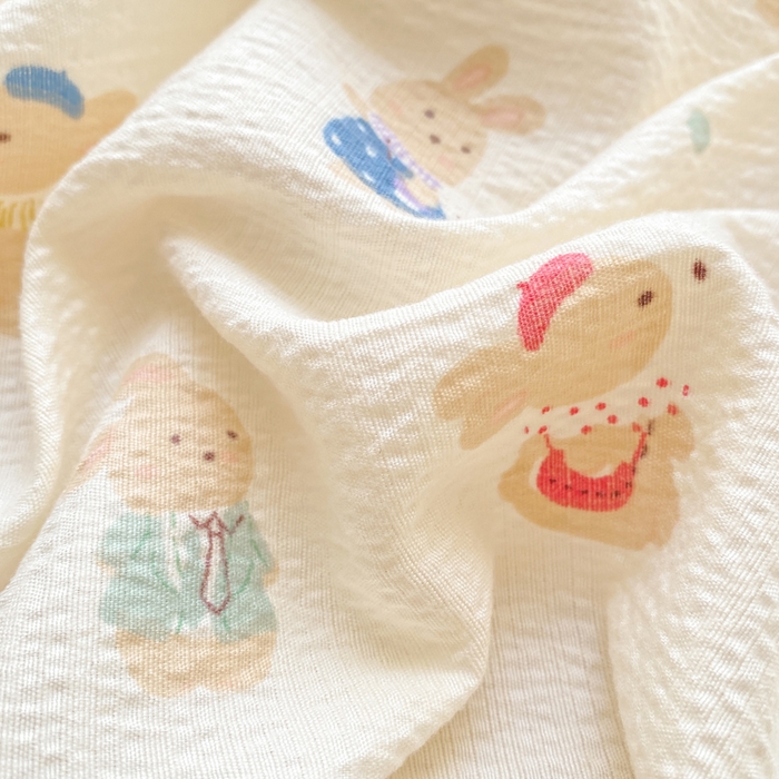 91家纺网 家纺一手货源 找家纺 欧尚 2025新款云感双层纱针织棉印花母婴级超柔裸睡级床单三件套 兔子集合