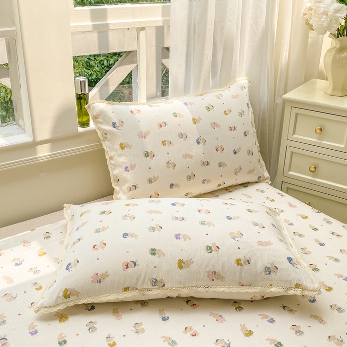 91家纺网 家纺一手货源 找家纺 欧尚 2025新款云感双层纱针织棉印花母婴级超柔裸睡级床单三件套 兔子集合