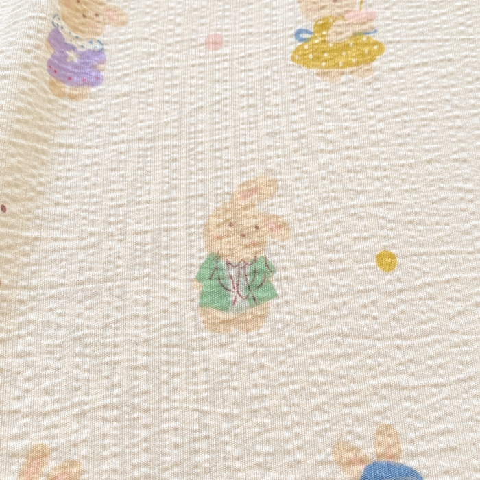 91家纺网 家纺一手货源 找家纺 欧尚 2025新款云感双层纱针织棉印花母婴级超柔裸睡级床单三件套 兔子集合