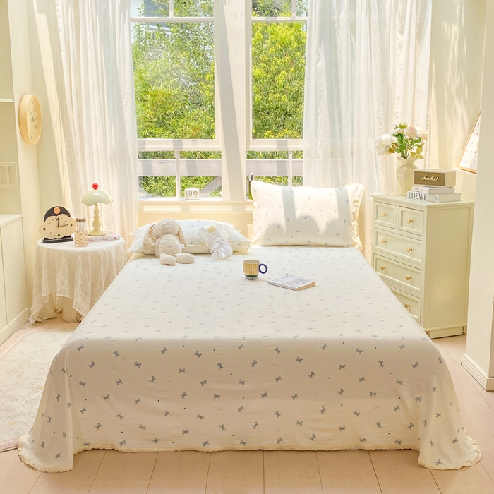 欧尚 2025新款云感双层纱针织棉印花母婴级超柔裸睡级床单三件套 相思蓝