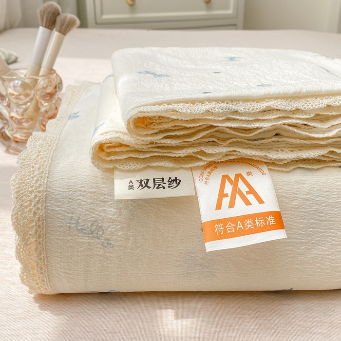 91家纺网 家纺一手货源 找家纺 欧尚 2025新款云感双层纱针织棉印花母婴级超柔裸睡级床单三件套 相思蓝