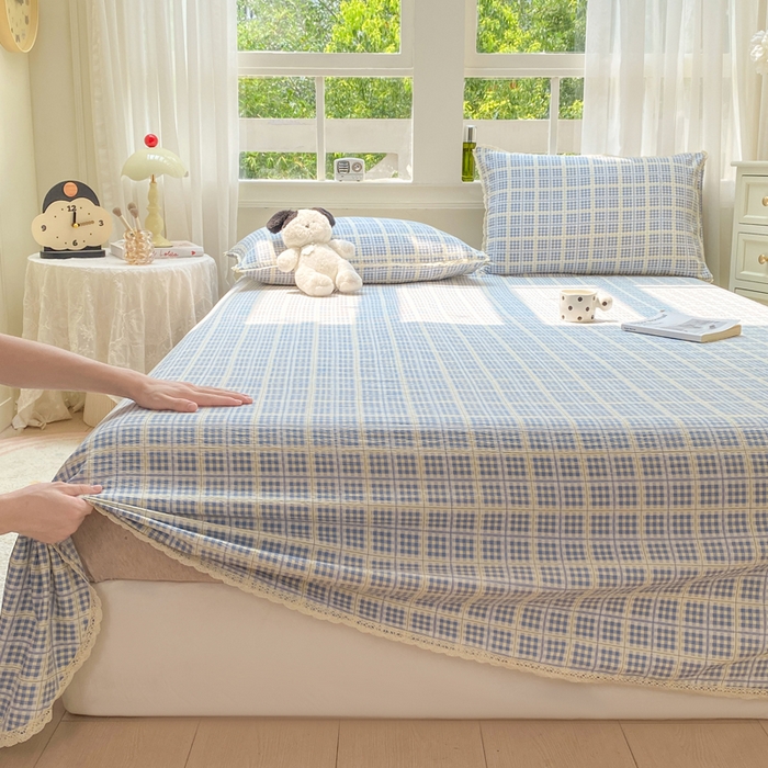 91家纺网 家纺一手货源 找家纺 欧尚 2025新款云感双层纱针织棉印花母婴级超柔裸睡级床单三件套 银河