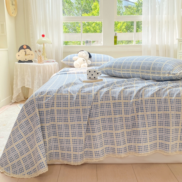 91家纺网 家纺一手货源 找家纺 欧尚 2025新款云感双层纱针织棉印花母婴级超柔裸睡级床单三件套 银河