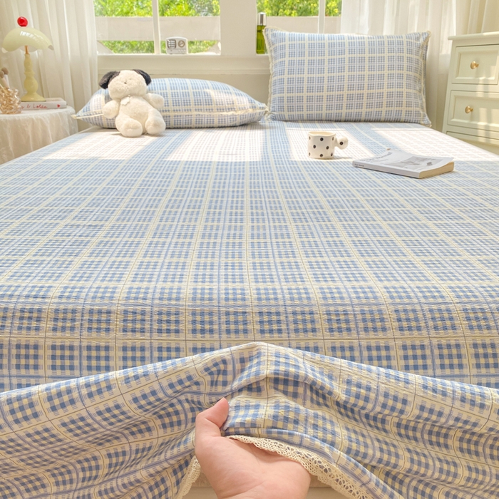 91家纺网 家纺一手货源 找家纺 欧尚 2025新款云感双层纱针织棉印花母婴级超柔裸睡级床单三件套 银河