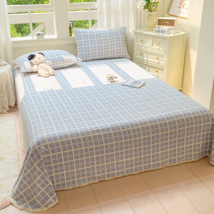 91家纺网 家纺一手货源 找家纺 欧尚 2025新款云感双层纱针织棉印花母婴级超柔裸睡级床单三件套 银河