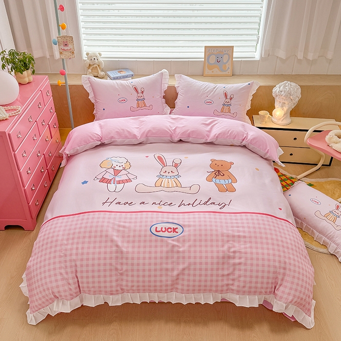 91家纺网 家纺一手货源 找家纺 （总）玉元坊 2025新款卡通纯色全棉纯棉床笠床裙学生床单三四件套基础白花边款