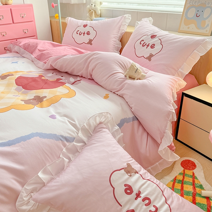 91家纺网 家纺一手货源 找家纺 （总）玉元坊 2025新款卡通纯色全棉纯棉床笠床裙学生床单三四件套基础白花边款